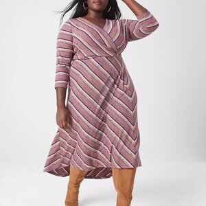 Lane Bryant 3/4-Sleeve Surplice Rib Midi Dress Faux Wrap Striped 22/24